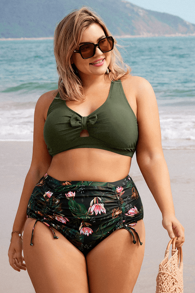 HN Women Plus Size Separated Swimsuit Cross Back Padded Tops+Ruched Briefs - Hanna Nikole