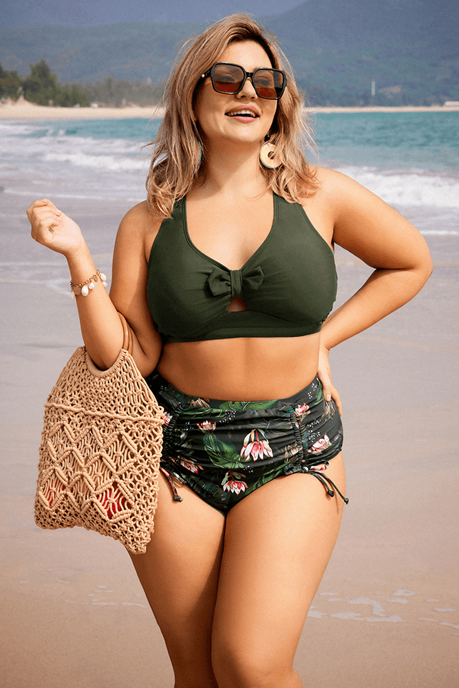 HN Women Plus Size Separated Swimsuit Cross Back Padded Tops+Ruched Briefs - Hanna Nikole