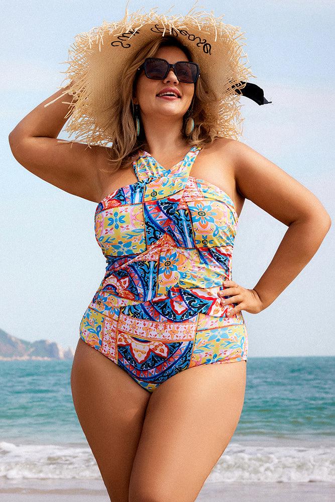 HN Plus Size Hollowed-out Bathing Suit Cross Back Ruched Swimwear