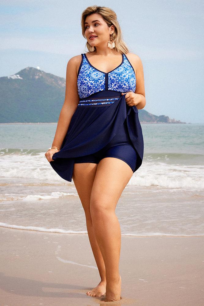 HN Women Plus Size 2pcs Set Swimsuit V-Neck Padded A-Line Tops+Boxer Briefs - Hanna Nikole#color_blue-white-porcelain