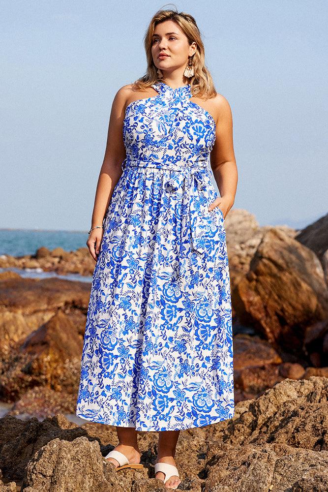 HN Women Plus Size Halterneck Maxi Dress Casual Ankle Length Flared A-Line Dress - Hanna Nikole#color_blue-white-print