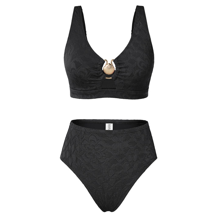 Hanna Nikole Women High Waisted Bikini Sets, 2 Piece Swimsuits Tummy Control, Textured Bathing Suit, Metal Cutout Swimwear