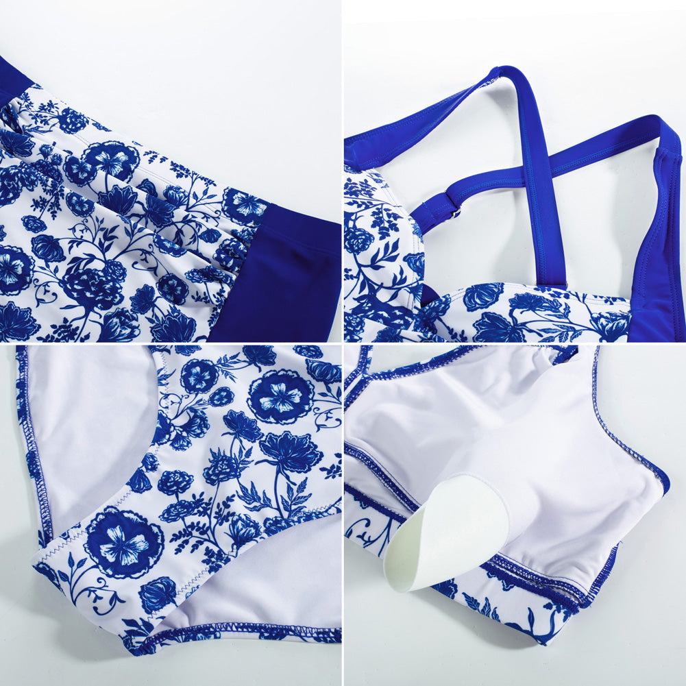 HN Women Contrast Color Swimsuit Knotted Bodice Padded Swim Tops+Ruched Briefs