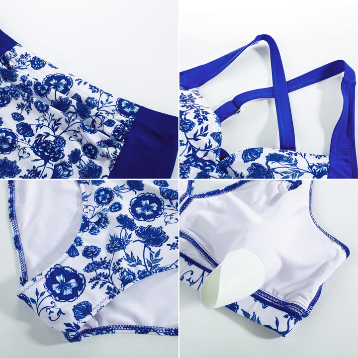 HN Women Contrast Color Swimsuit Knotted Bodice Padded Swim Tops+Ruched Briefs