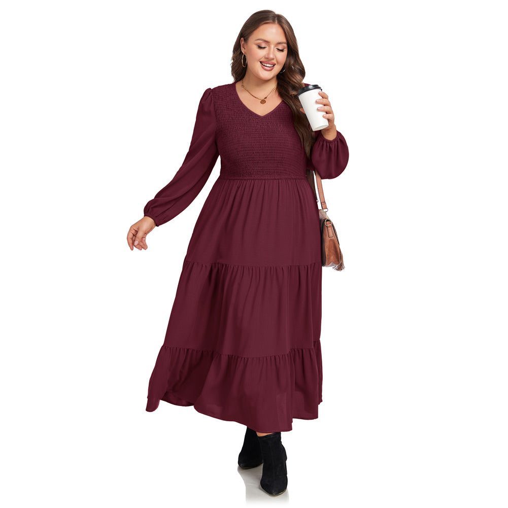 HN Women Plus Size Elastic Waist Dress Long Sleeve V-Neck Tiered A-Line Dress