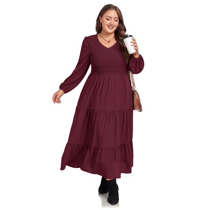 HN Women Plus Size Elastic Waist Dress Long Sleeve V-Neck Tiered A-Line Dress