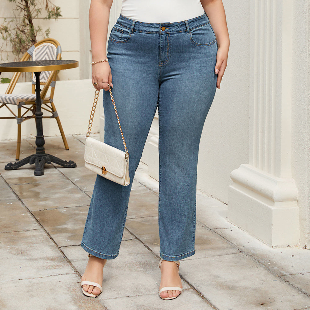 HN Women Plus Size Flared Bottoms High Waist Multi-Pocket Jean Pants Jeans