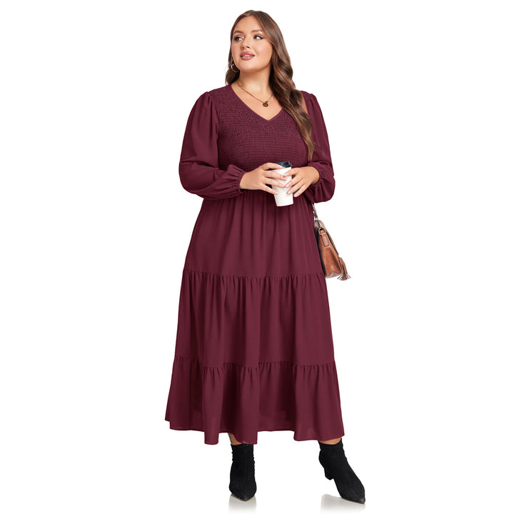 HN Women Plus Size Elastic Waist Dress Long Sleeve V-Neck Tiered A-Line Dress
