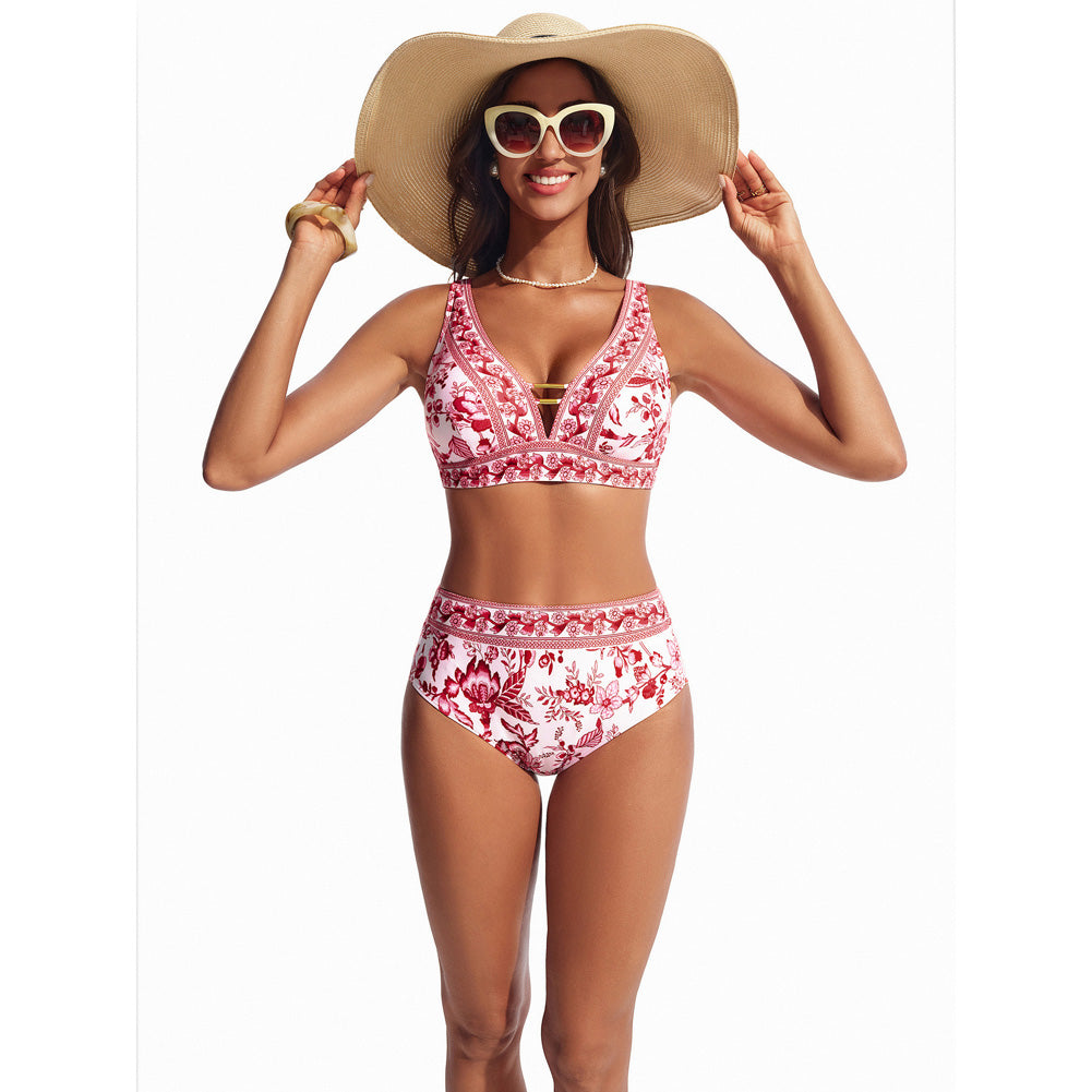 Hanna Nikole Womens High Waisted Bikini Sets Floral Print, 2 Piece Swimsuits Cutout, V Neck Bathing Suits Sexy Swimwear
