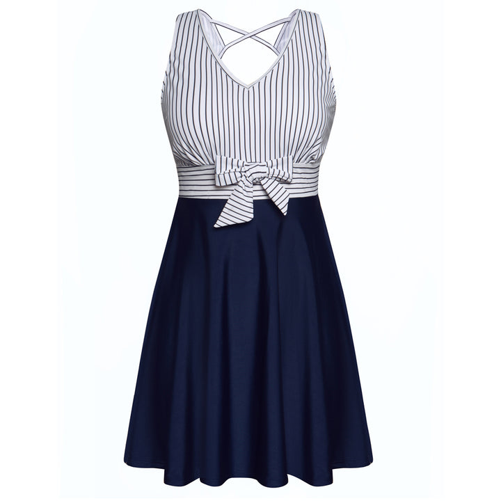 Women Separated Swimsuit Sleeveless V-Neck Swim Dress+Briefs Swimwear