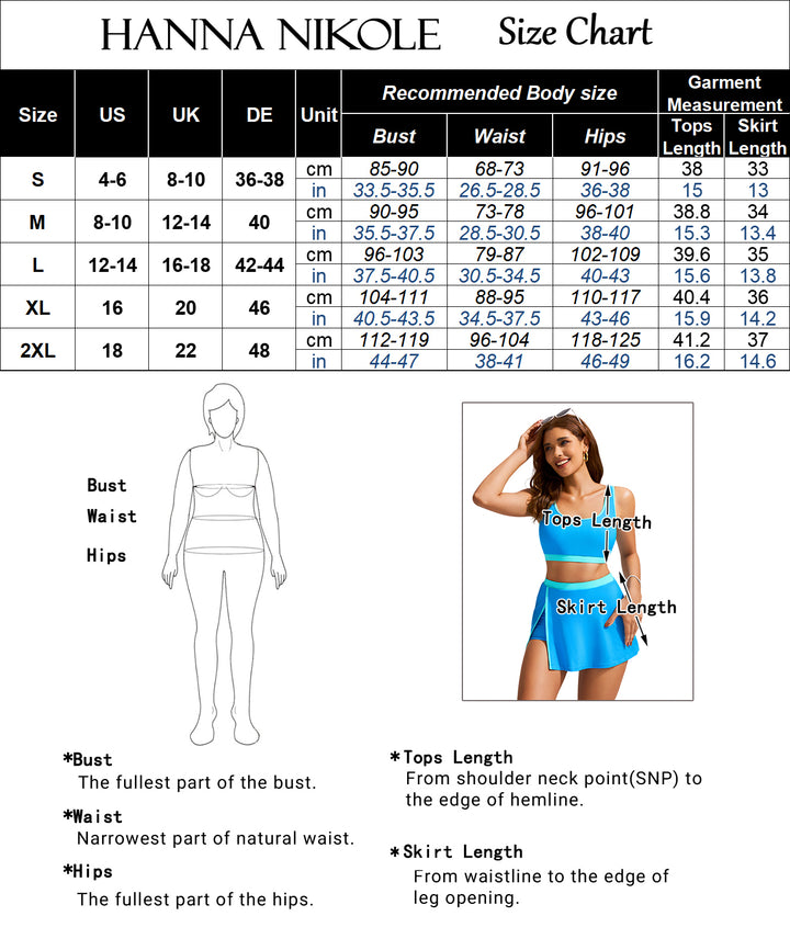 HN Women 2pcs Set Swimsuit U-Neck Padded Swim Tops+Elastic Waist Skirt Swimwear