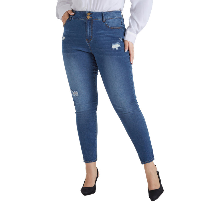 HN Women Plus Size Scratched Jeans High Waist Multi-Pocket Skinny Jean Pants