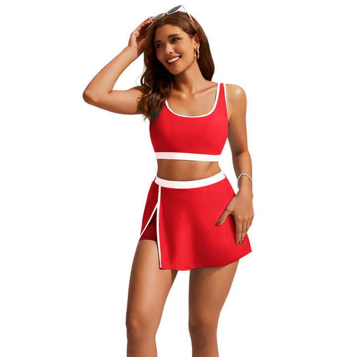 HN Women 2pcs Set Swimsuit U-Neck Padded Swim Tops+Elastic Waist Skirt Swimwear