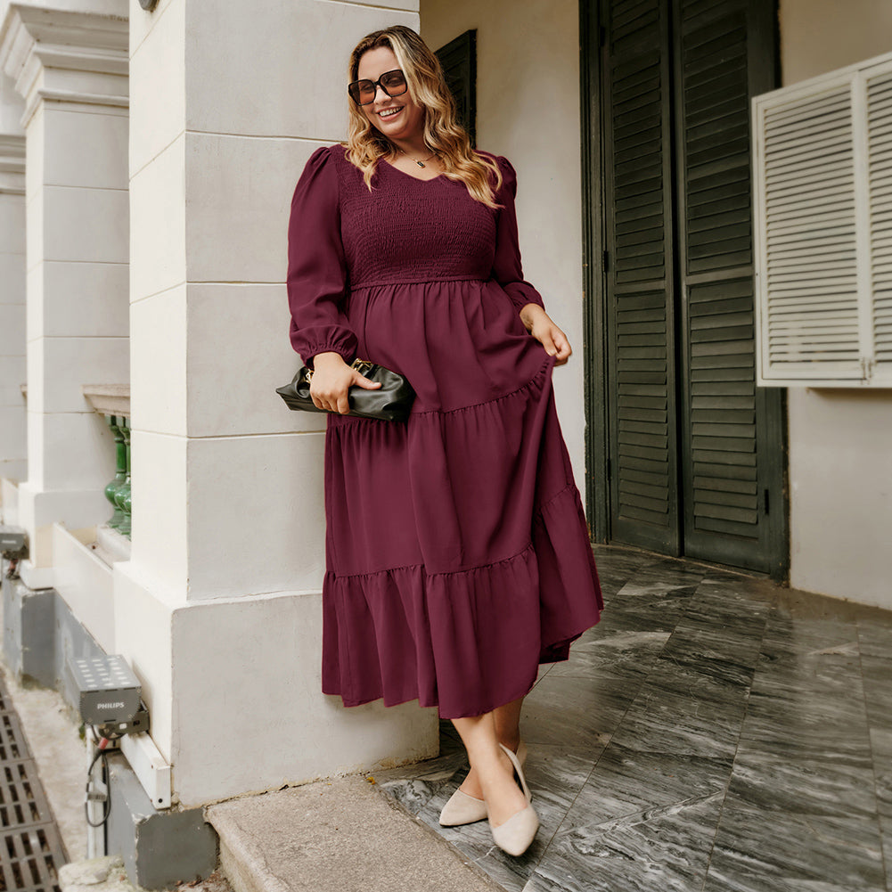 HN Women Plus Size Elastic Waist Dress Long Sleeve V-Neck Tiered A-Line Dress