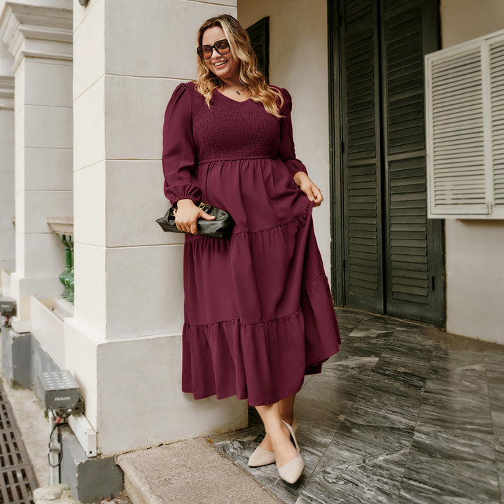 HN Women Plus Size Elastic Waist Dress Long Sleeve V-Neck Tiered A-Line Dress