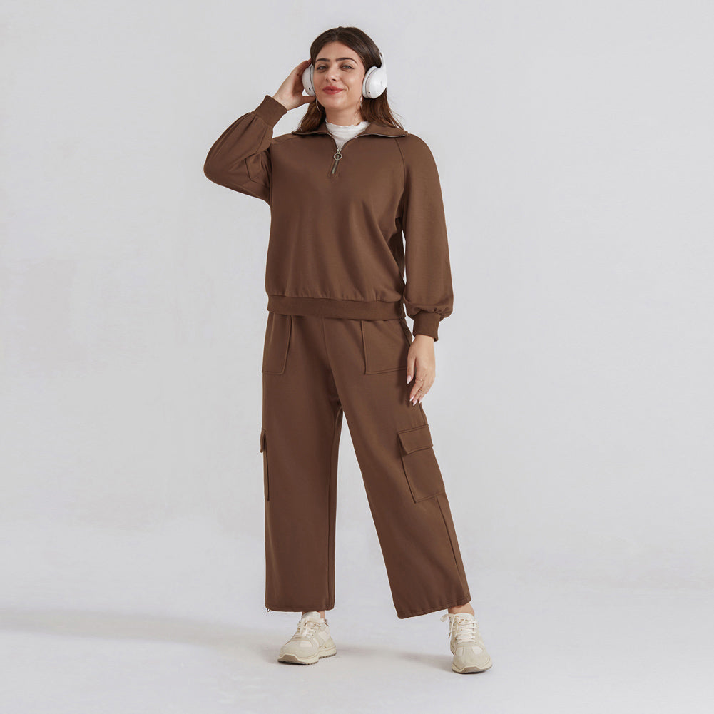 HN Women Plus Size 2pcs Set Outfits Casual Lapel Collar Tops+Wide-Leg Pants