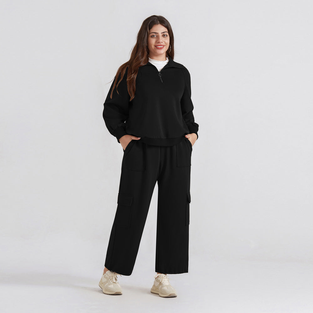 HN Women Plus Size 2pcs Set Outfits Casual Lapel Collar Tops+Wide-Leg Pants