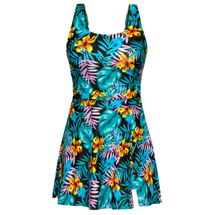 KK Women 2pcs Set Swimsuit Front Slit Padded Swim Dress+High Waist Briefs