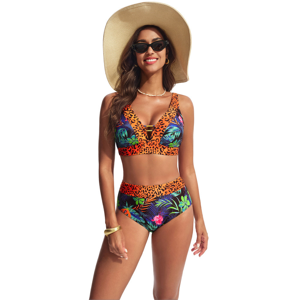 Hanna Nikole Womens High Waisted Bikini Sets Floral Print, 2 Piece Swimsuits Cutout, V Neck Bathing Suits Sexy Swimwear
