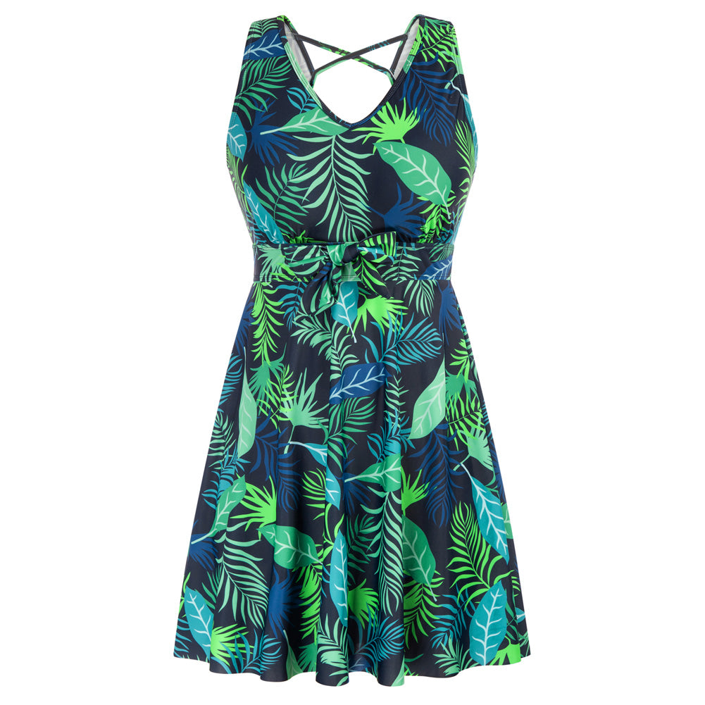 KK Women Separated Swimsuit Sleeveless V-Neck Swim Dress+Briefs Swimwear