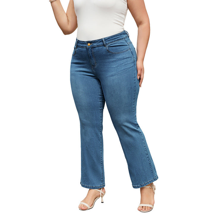 HN Women Plus Size Flared Bottoms High Waist Multi-Pocket Jean Pants Jeans