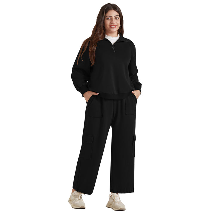 HN Women Plus Size 2pcs Set Outfits Casual Lapel Collar Tops+Wide-Leg Pants