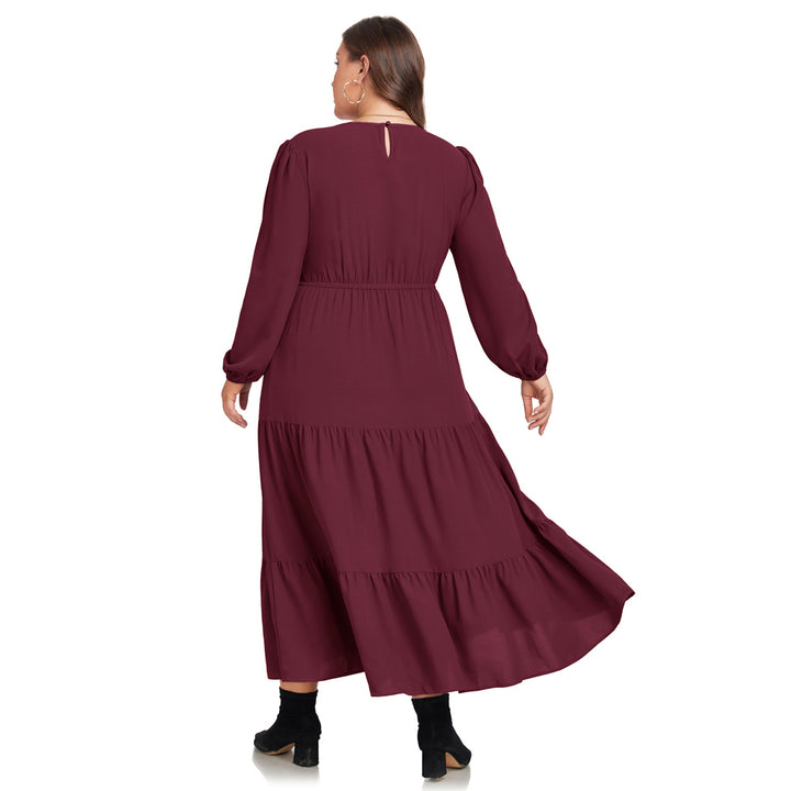HN Women Plus Size Elastic Waist Dress Long Sleeve V-Neck Tiered A-Line Dress