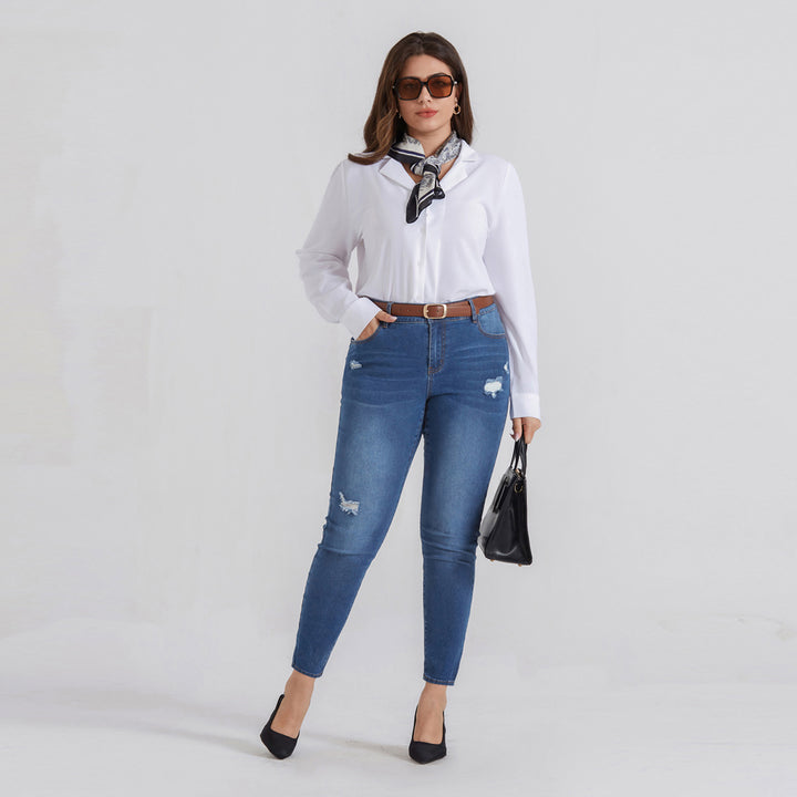 HN Women Plus Size Scratched Jeans High Waist Multi-Pocket Skinny Jean Pants