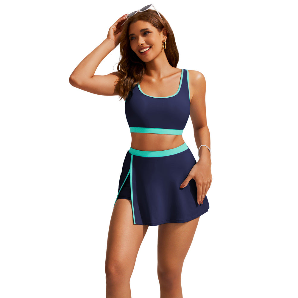 HN Women 2pcs Set Swimsuit U-Neck Padded Swim Tops+Elastic Waist Skirt Swimwear