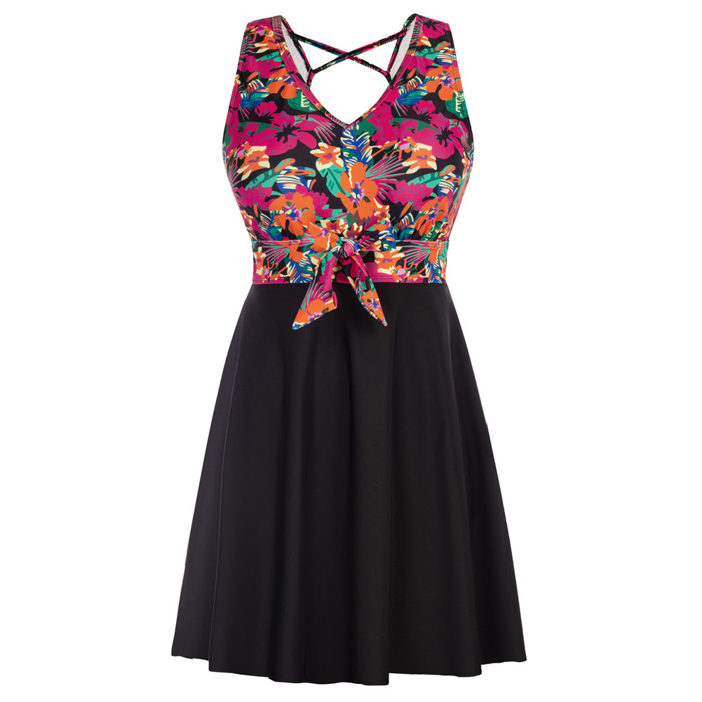 KK Women Separated Swimsuit Sleeveless V-Neck Swim Dress+Briefs Swimwear