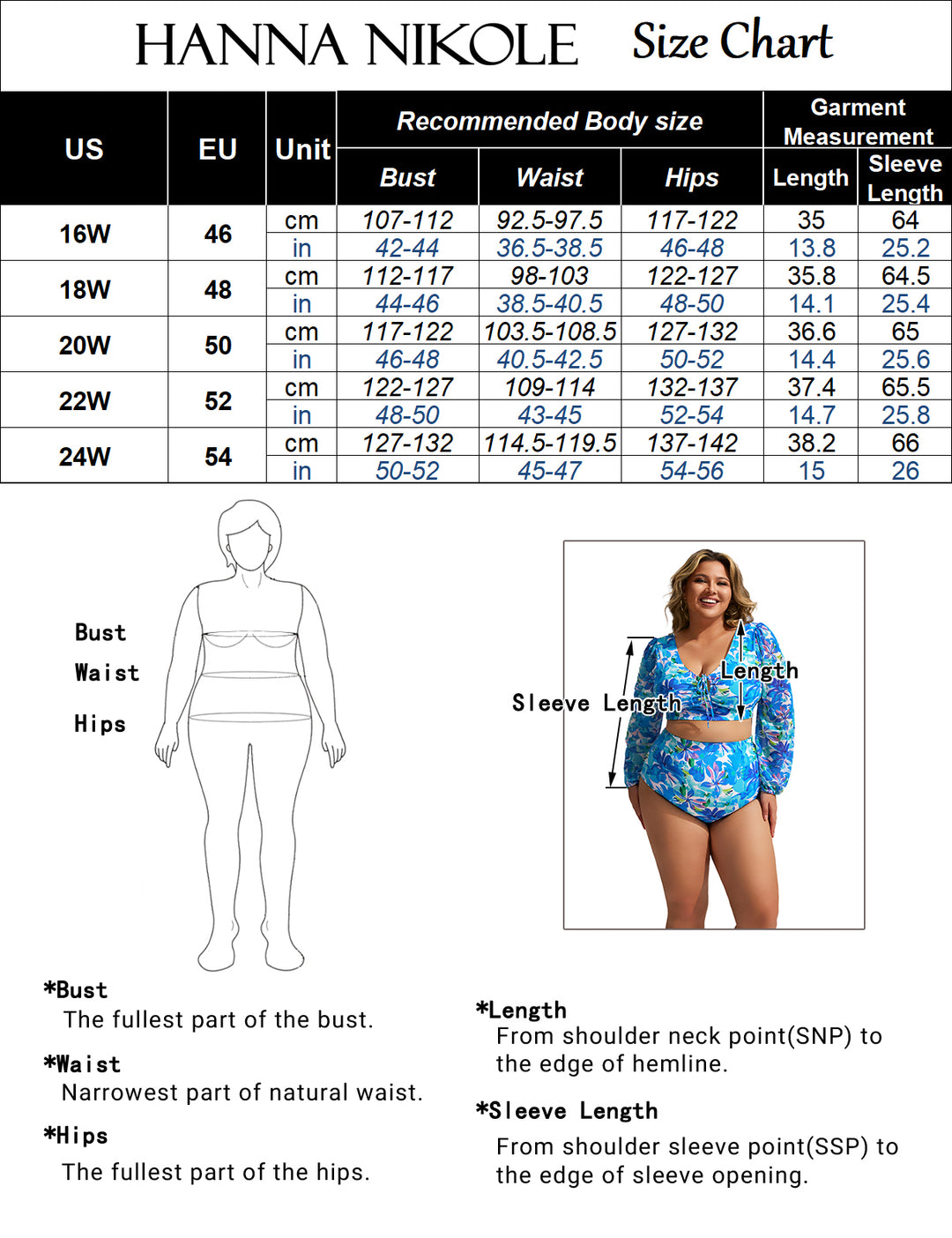 HN Women Plus Size 2pcs Set Swimsuit Long Sleeve V-Neck Padded Tops+Briefs