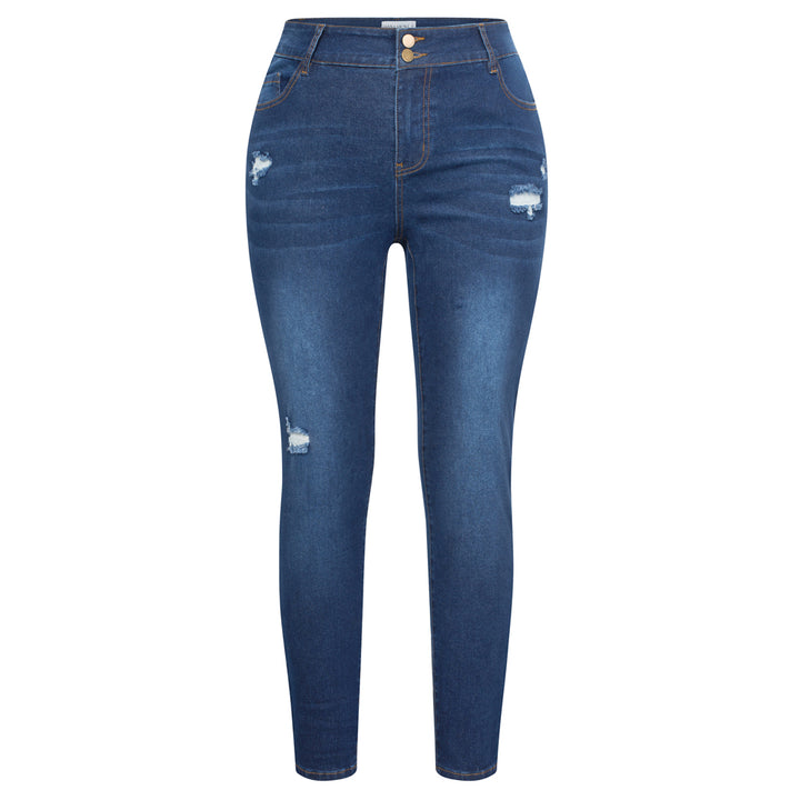 HN Women Plus Size Scratched Jeans High Waist Multi-Pocket Skinny Jean Pants