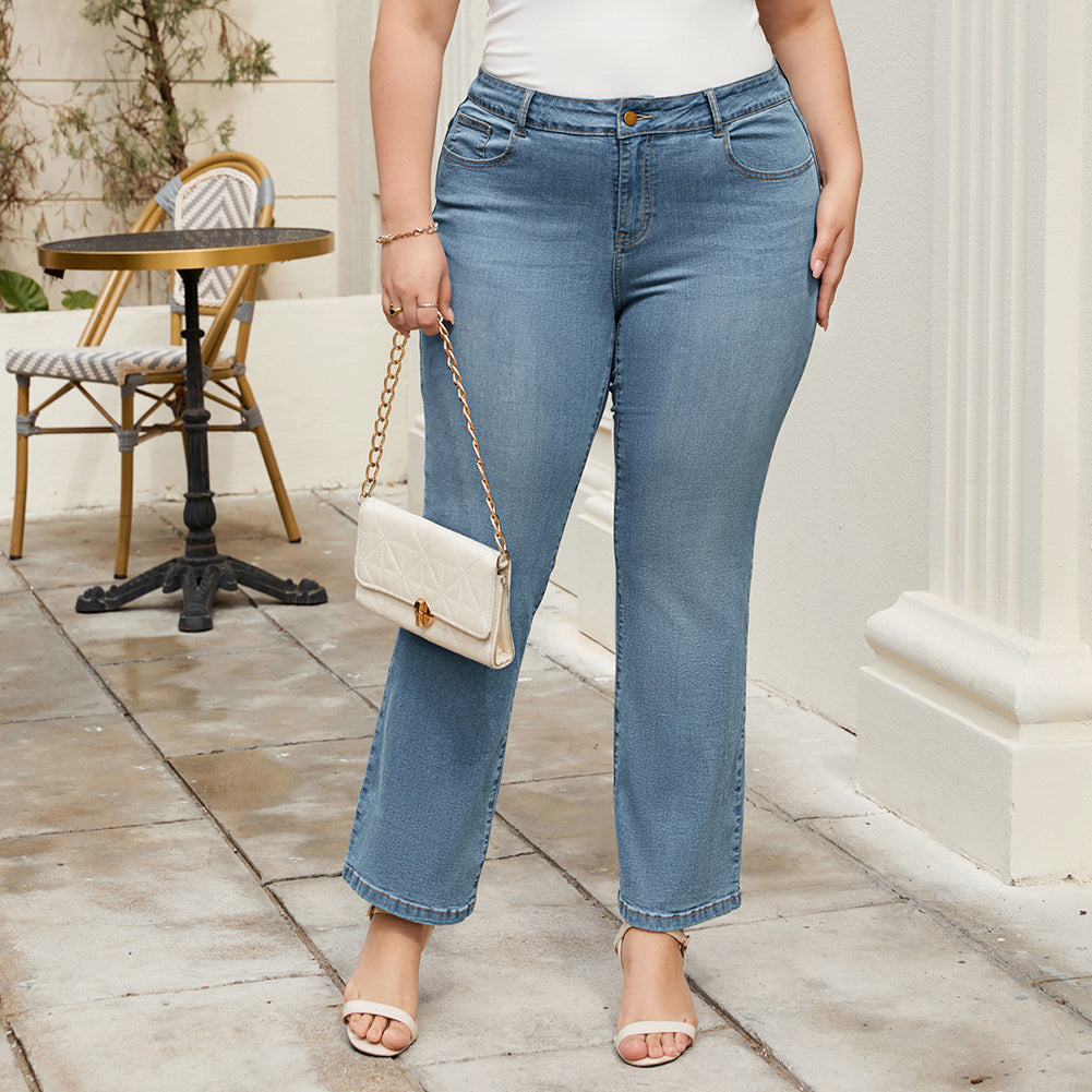 HN Women Plus Size Flared Bottoms High Waist Multi-Pocket Jean Pants Jeans