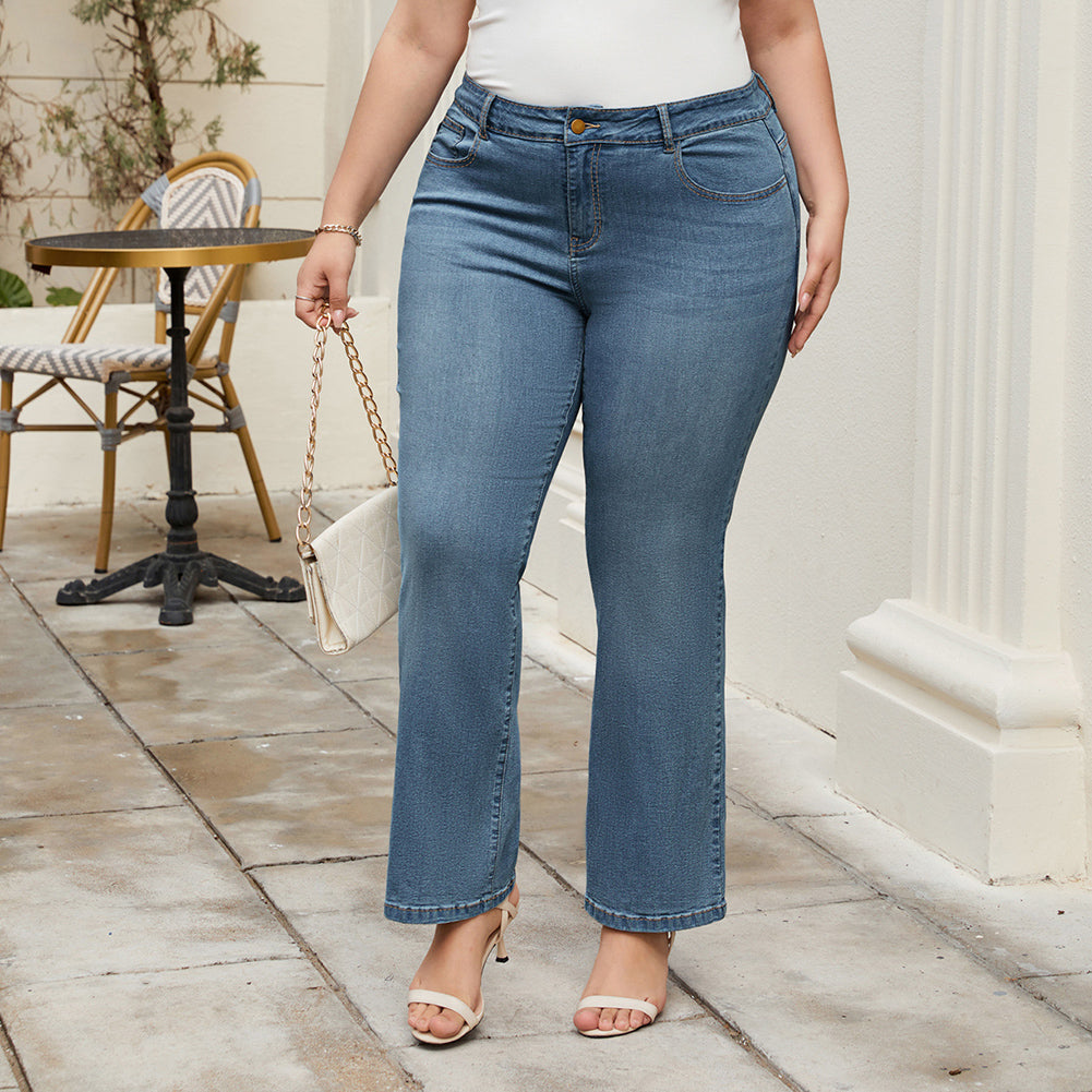 HN Women Plus Size Flared Bottoms High Waist Multi-Pocket Jean Pants Jeans