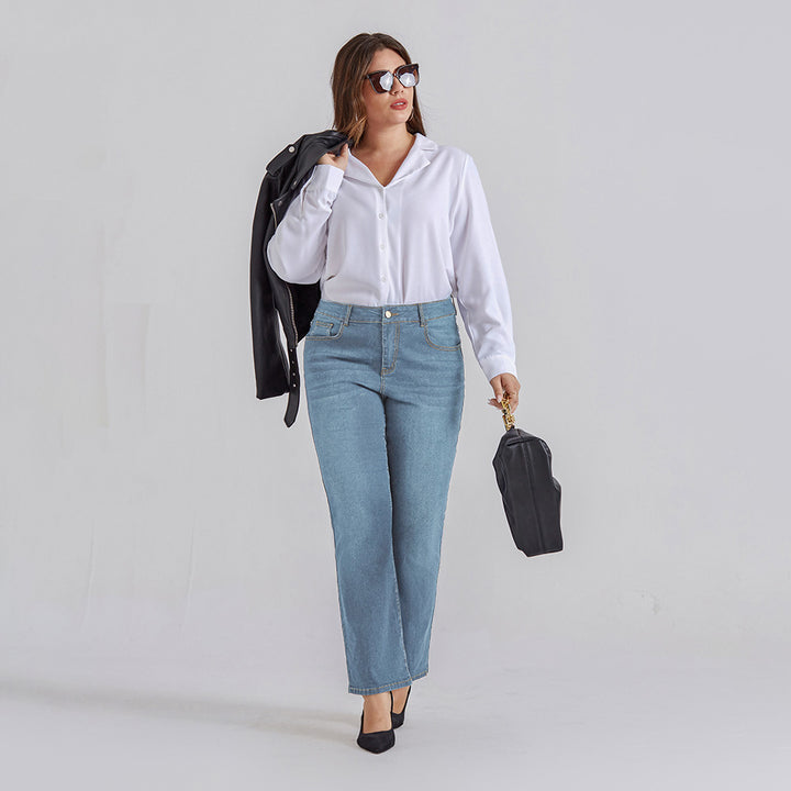 HN Women Plus Size Flared Bottoms High Waist Multi-Pocket Jean Pants Jeans