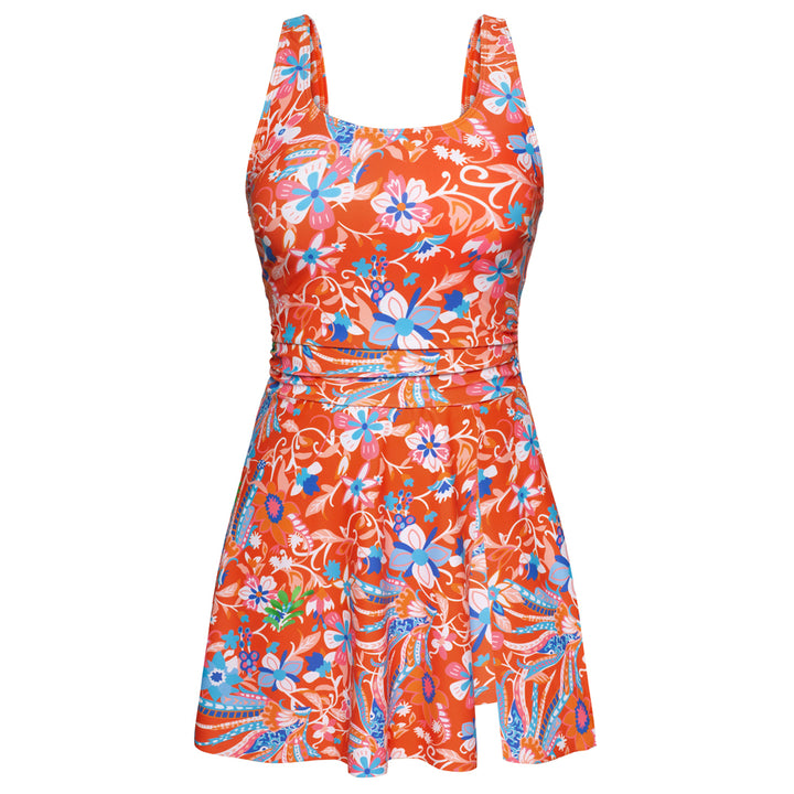 KK Women 2pcs Set Swimsuit Front Slit Padded Swim Dress+High Waist Briefs
