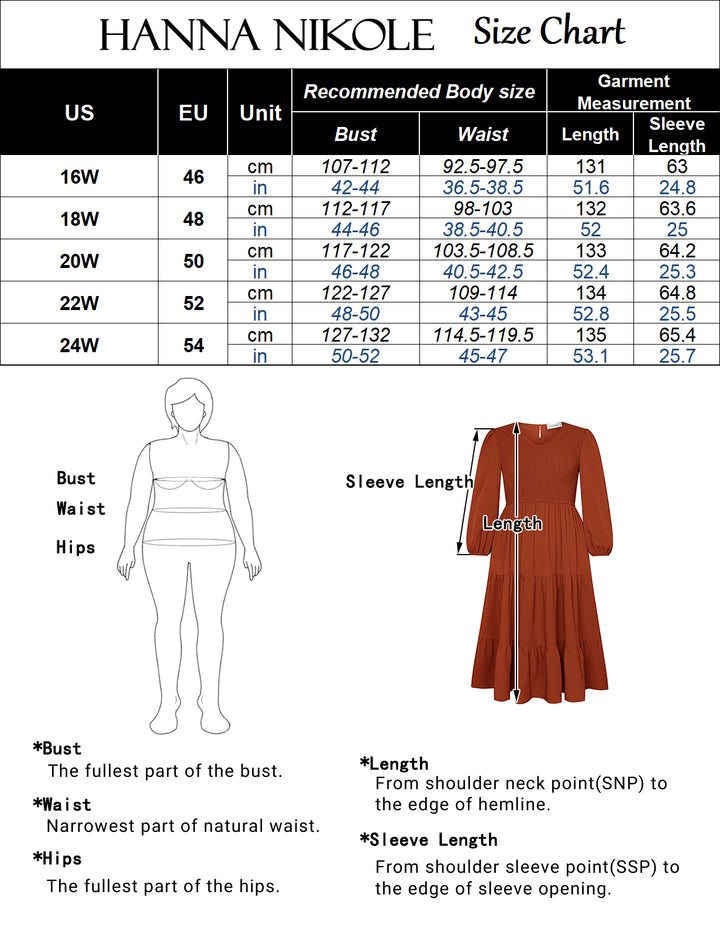HN Women Plus Size Elastic Waist Dress Long Sleeve V-Neck Tiered A-Line Dress