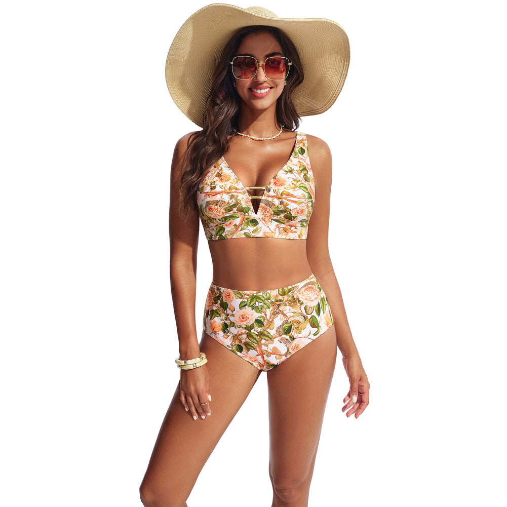 Hanna Nikole Womens High Waisted Bikini Sets Floral Print, 2 Piece Swimsuits Cutout, V Neck Bathing Suits Sexy Swimwear