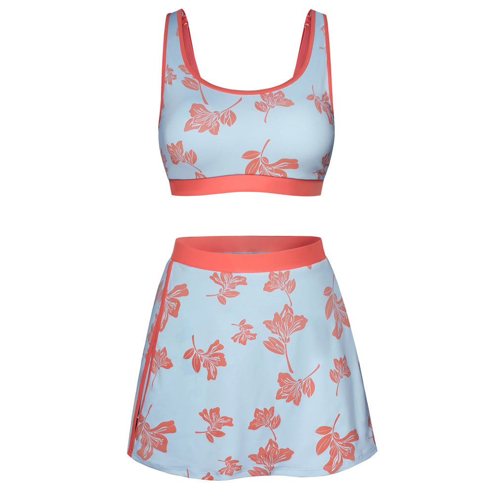 HN Women 2pcs Set Swimsuit U-Neck Padded Swim Tops+Elastic Waist Skirt Swimwear