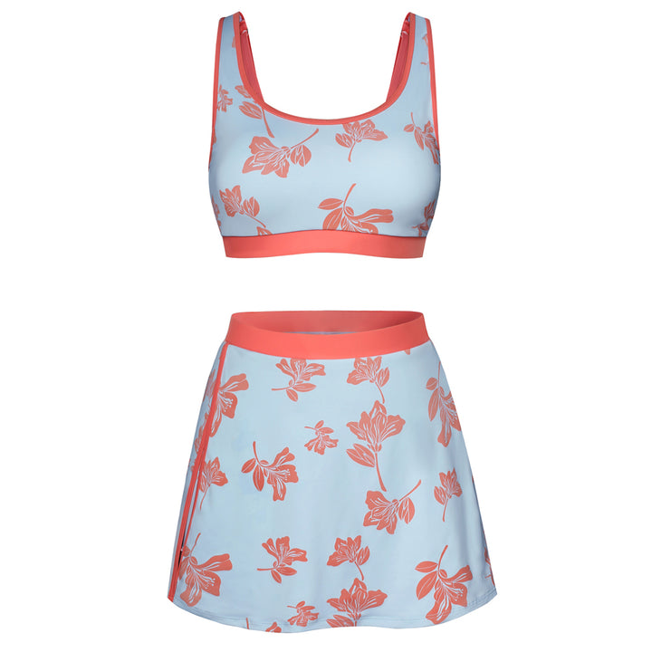 HN Women 2pcs Set Swimsuit U-Neck Padded Swim Tops+Elastic Waist Skirt Swimwear