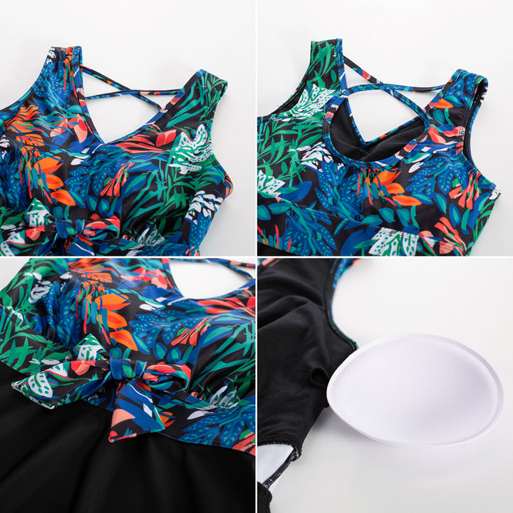 KK Women Separated Swimsuit Sleeveless V-Neck Swim Dress+Briefs Swimwear