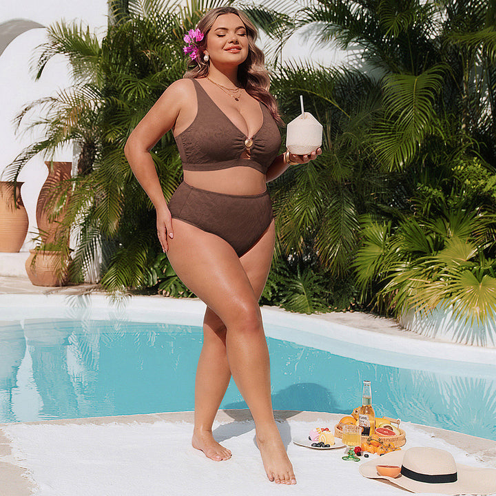 Hanna Nikole Women High Waisted Bikini Sets, 2 Piece Swimsuits Tummy Control, Textured Bathing Suit, Metal Cutout Swimwear