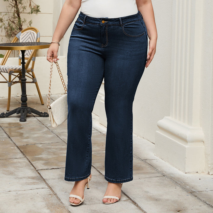 HN Women Plus Size Flared Bottoms High Waist Multi-Pocket Jean Pants Jeans