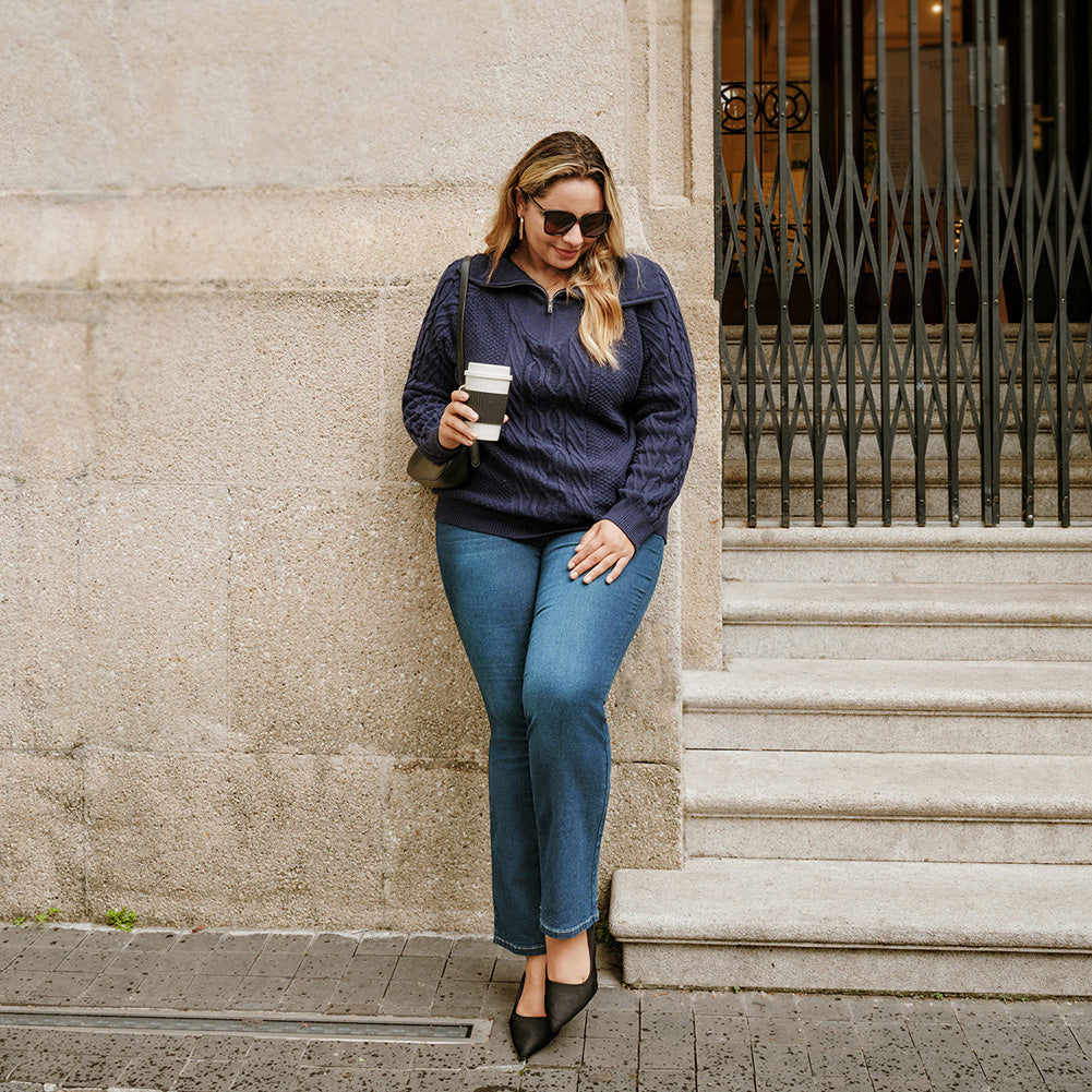 HN Women Plus Size Flared Bottoms High Waist Multi-Pocket Jean Pants Jeans