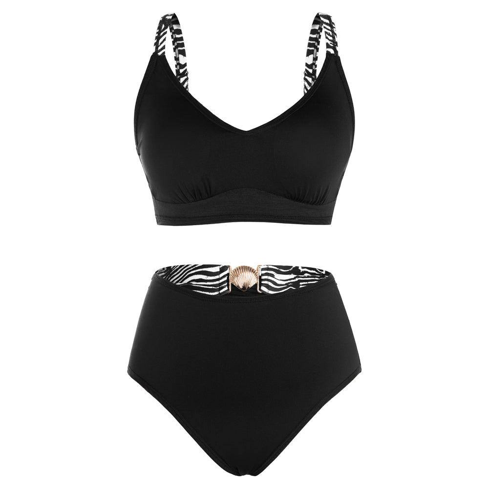 Hanna Nikole Womens High Waisted Bikini Sets, Textured Tummy Control Swimsuit, 2 Piece Twist Color Block Bathing Suits