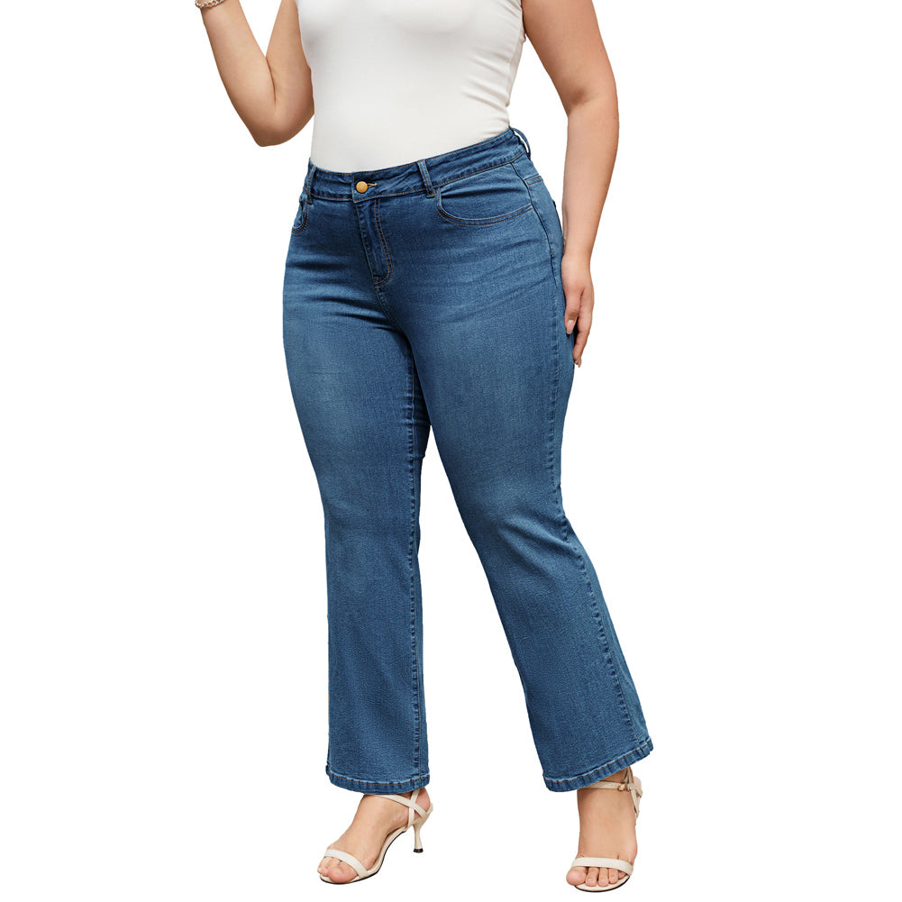 HN Women Plus Size Flared Bottoms High Waist Multi-Pocket Jean Pants Jeans