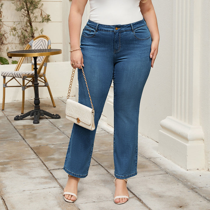 HN Women Plus Size Flared Bottoms High Waist Multi-Pocket Jean Pants Jeans
