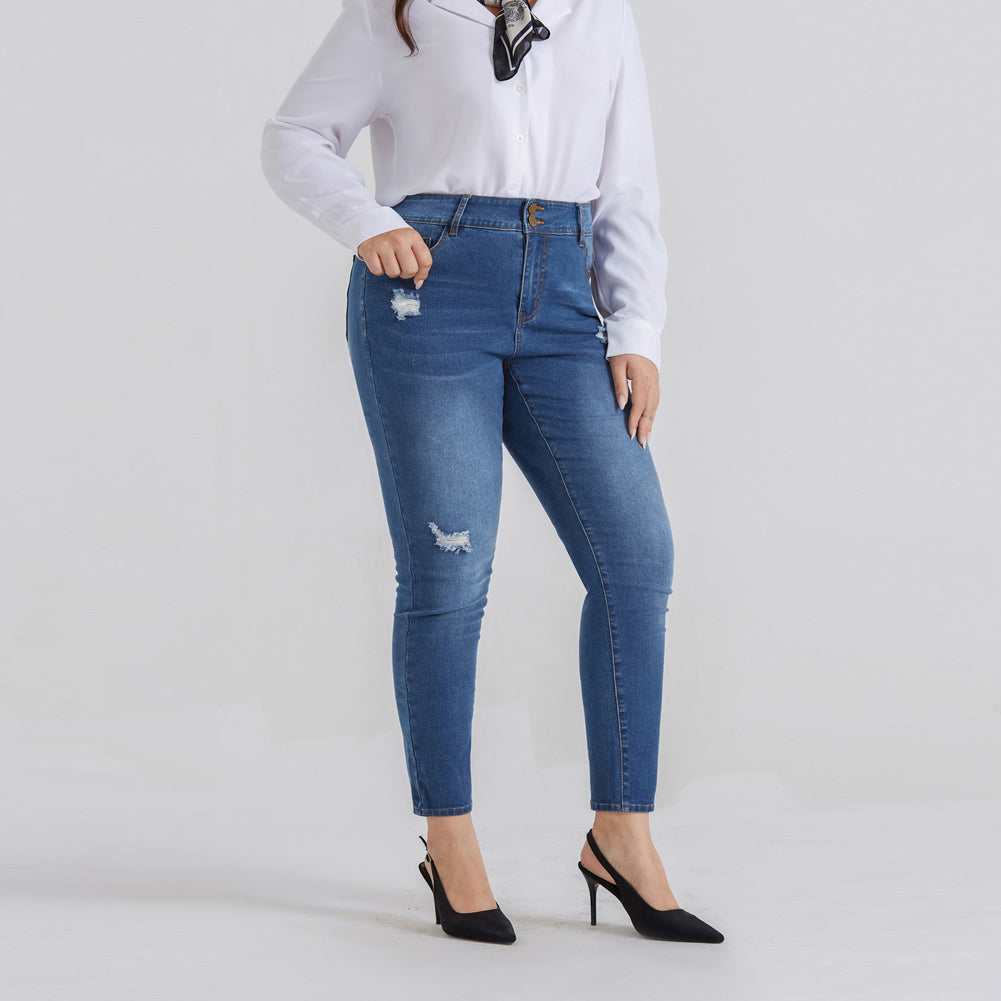 HN Women Plus Size Scratched Jeans High Waist Multi-Pocket Skinny Jean Pants