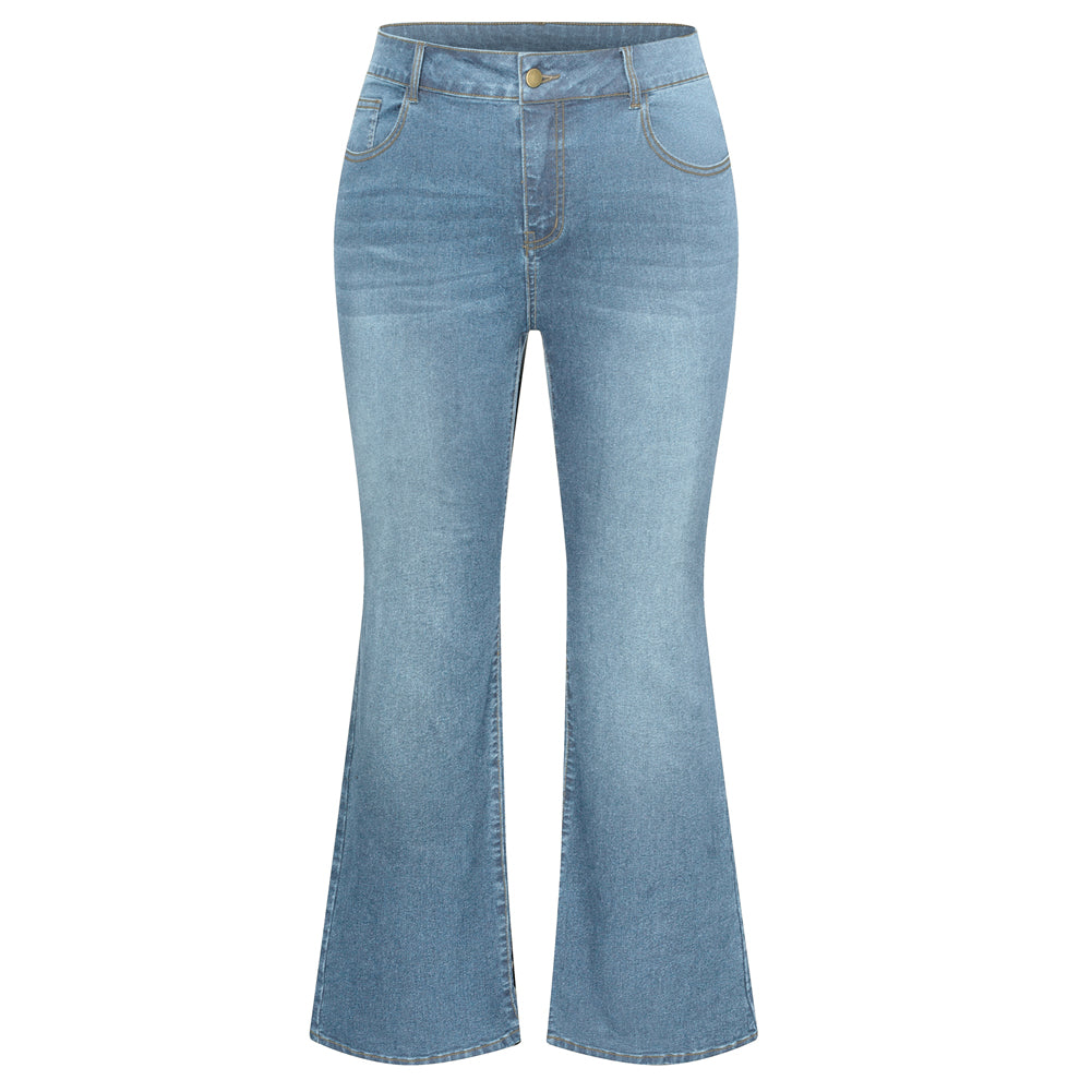 HN Women Plus Size Flared Bottoms High Waist Multi-Pocket Jean Pants Jeans