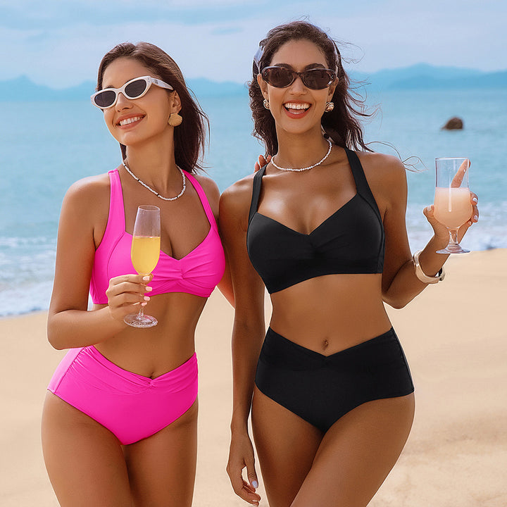 HN Women Knotted Design Swimsuit Cross-Back Padded Swim Tops+Briefs Swimwear